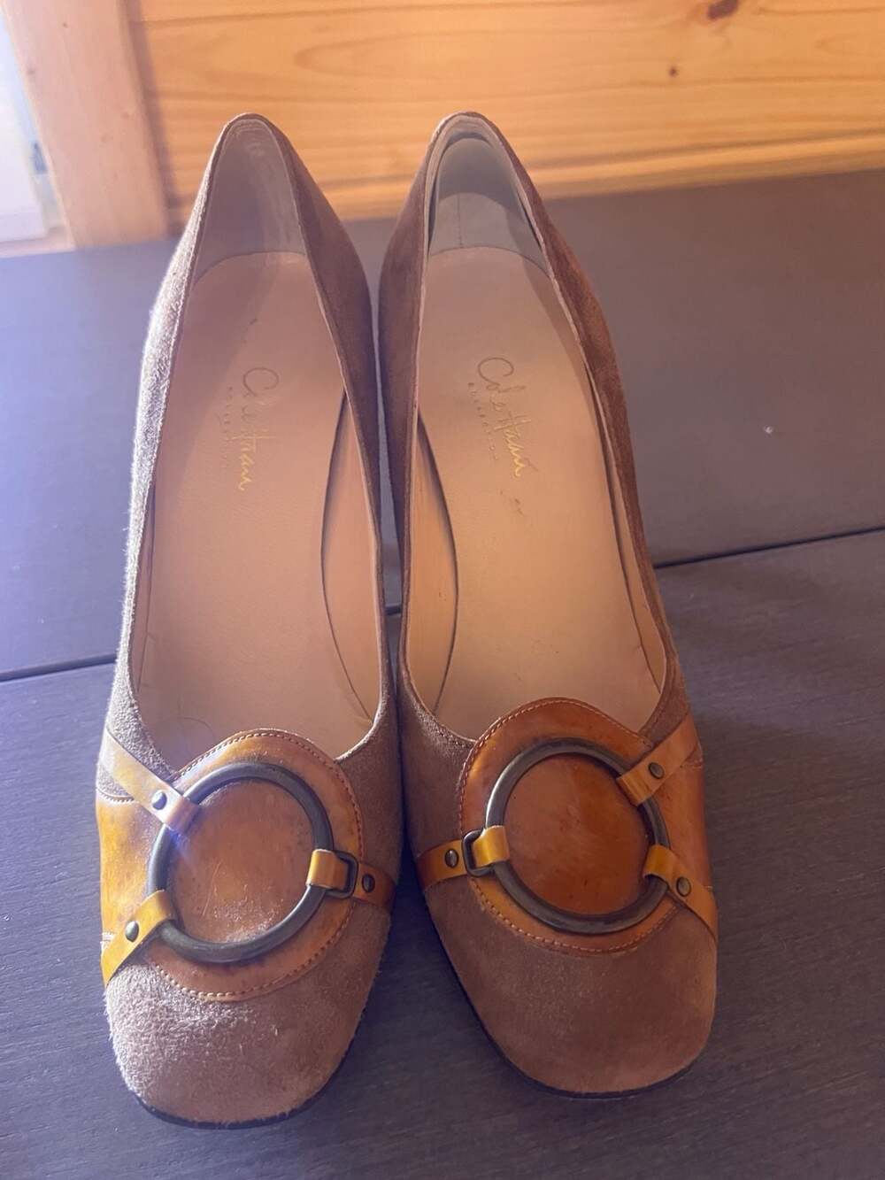 Cole Haan Brown Suede Patent Leather Ring Buckle High Heel Pumps Size 6.5